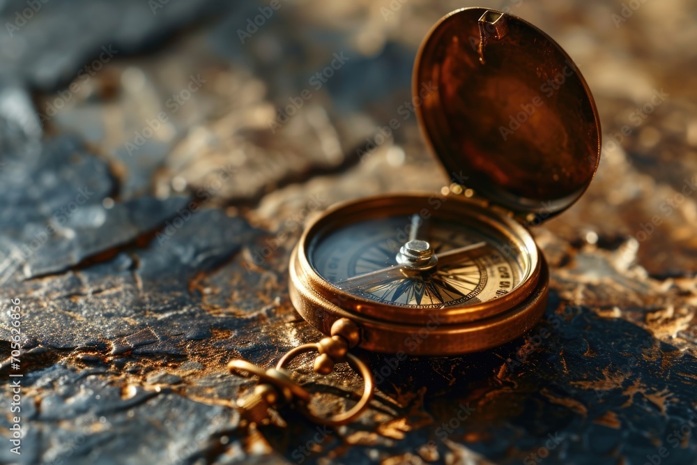 Poster a gold pocket watch rests on top of a rock, creating a timeless and classic image. perfect for illus