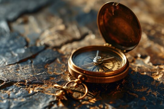 A gold pocket watch rests on top of a rock, creating a timeless and classic image. Perfect for illustrating concepts of time, nostalgia, and elegance