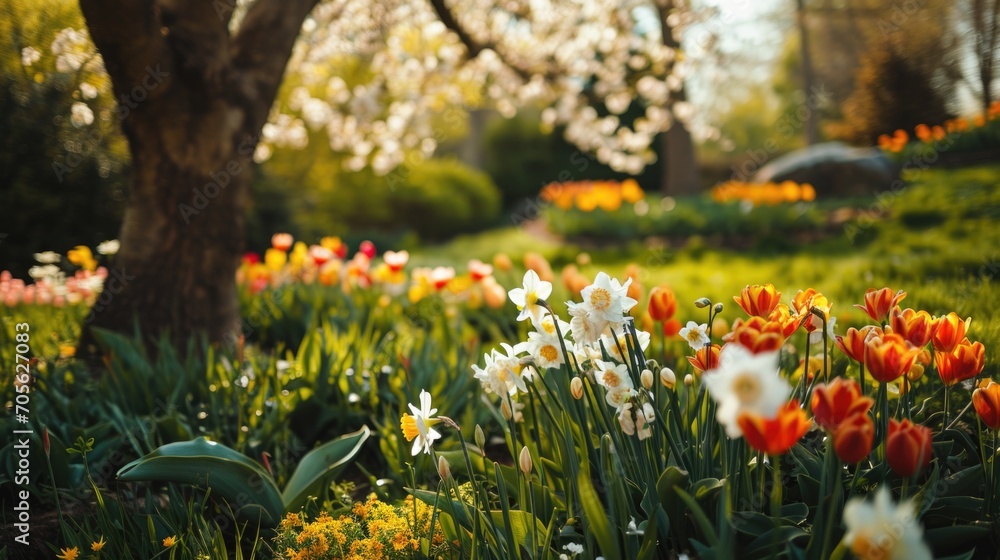 Poster a scenic view of a field of colorful flowers with a majestic tree in the background. perfect for nat