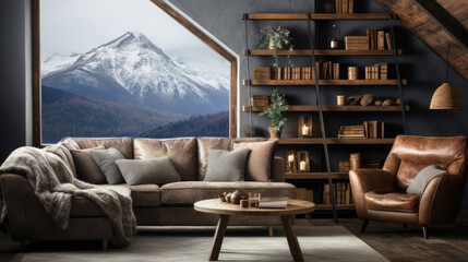 Scandinavian interior design of a modern living room in the attic of a villa overlooking the snowy mountains. - obrazy, fototapety, plakaty