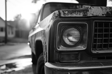 An old truck captured in a black and white photo. Suitable for vintage and transportation themes