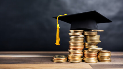 Graduation cap on saving coins for concept finance and education scholarships.