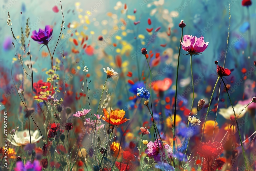 Poster a vibrant field of colorful flowers with a beautiful blue sky in the background. perfect for adding 