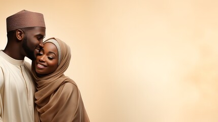 African Muslim couple's portrait with plenty copy space in a light peach color background, Generative AI. - obrazy, fototapety, plakaty