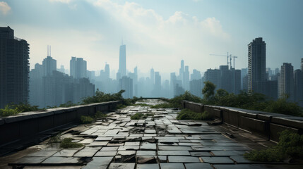 view from the old bridge overgrown with plants. Post-apocalypse city in the background