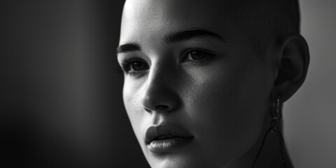 A striking black and white photo of a woman with a shaved head. This powerful image can be used to convey strength, individuality, and the beauty of embracing one's uniqueness