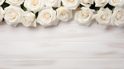 White roses on white wooden background. copy space, ai generative