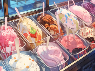 Delicious Colorful Ice Cream Shop Anime Style AI Artwork - obrazy, fototapety, plakaty