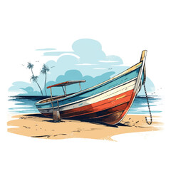 Old boat on beach illustration vector