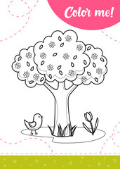 Coloring page for kids with blooming tree,flowers and chick