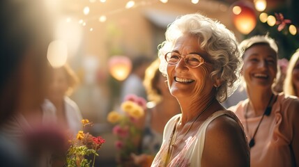 An elderly woman engaging in a vibrant social event and enjoying others company, Generative AI.