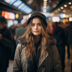 Fototapeta premium Happy lovely girl walking in urban city town street