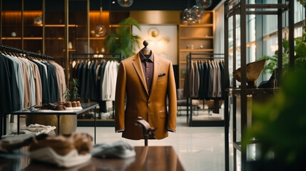Men elegant clothing showcase,  Luxury clothes in the shop, fashionable men's clothing store with a stylish interior design in shopping mall, Selling a variety of clothing and apparel, Ai generated 