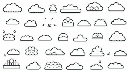 collection set contour image of a cloud, icon symbol on a white background