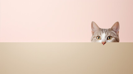 cat peeks out, on a smooth background in the studio, lots of copy space for design - obrazy, fototapety, plakaty