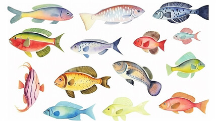 sea fish, collection, set, watercolor illustration isolated on a white background multicolored sea fish