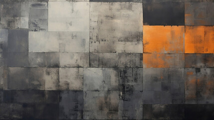 An abstract painting featuring orange and black squares, in the style of dark indigo and gray, abstract whispers, white and bronze, abstract, industrial texture, multilayered, monochromatic palette