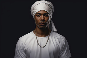 black muslim man in traditional clothes on black background