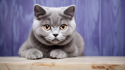 A  gray cat with striking orange eyes sits on a clean purple surface, creating a captivating and mysterious image. Perfect for animal-themed designs, Halloween graphics, or pet-related content.