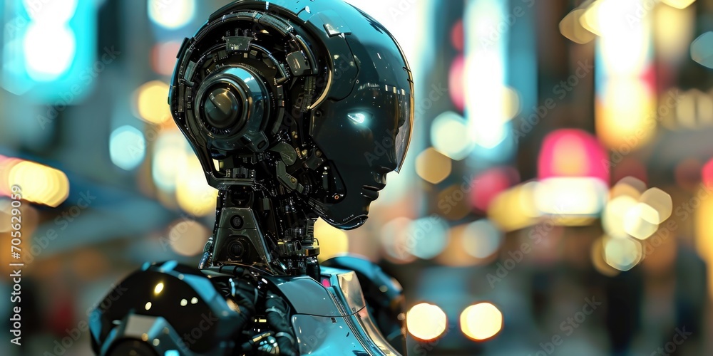 Aufkleber A close-up view of a robot standing on a city street. This image can be used to depict futuristic technology or the integration of robots in urban environments
