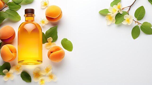 Apricot oil and apricots against a white backdrop, copy space, top view, healthy, Generative AI.