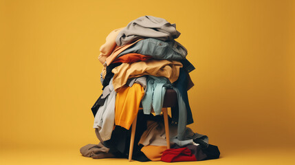 A stack of colored things on a chair. Cluttering of clothes, Pile clothes on chair. Heap of used clothes for donation and recycling. Concept of minimalism, mess and wardrobe cleaning, Ai generated  - obrazy, fototapety, plakaty