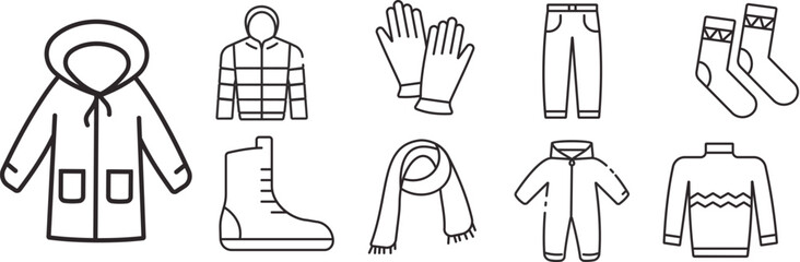 Winter clothes, Warm clothes isolated line icons set with white background. Thin Line Style stock