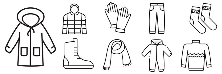 Winter clothes, Warm clothes isolated line icons set with white background. Thin Line Style stock