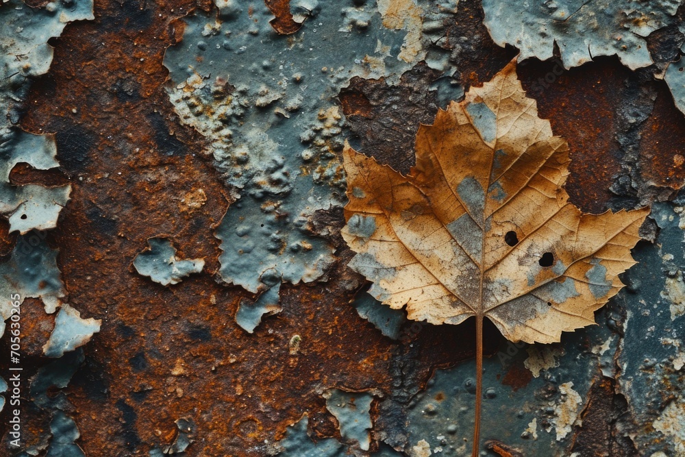 Poster A single leaf resting on a rusty surface with peeling paint. Suitable for various design projects and concepts