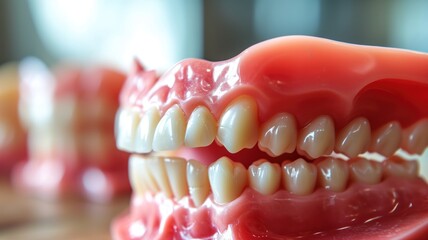 Close-up of a dental model showing gums and teeth - obrazy, fototapety, plakaty