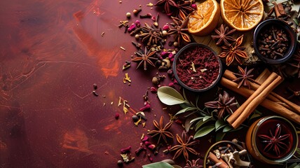 Vibrant culinary spices and citrus on a dark surface