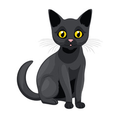 A black cat with bright yellow eyes is sitting calmly in this colorful vector illustration.