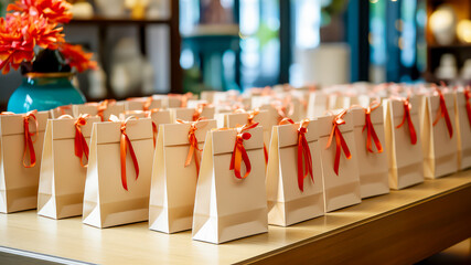 Row of uniform, elegant gift bags with red ribbons on table against softly out-of-focus background with vase with red flowers. Concept of holiday event, corporate party or celebration