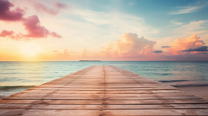 Fototapeta na wymiar Wooden floor with blur sea at sunset