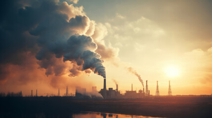 Evening view of the industrial landscape of the city with smoke emissions from chimneys at sunset