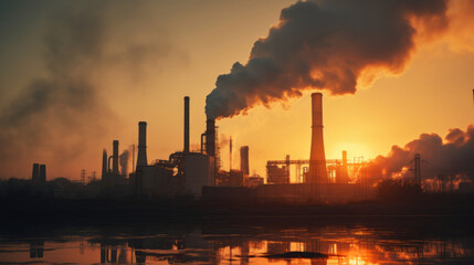 Evening view of the industrial landscape of the city with smoke emissions from chimneys at sunset