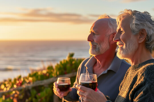 Two elderly men share a moment of serenity, sipping red wine as they gaze at seaside sunset, symbolizing peaceful retirement, companionship, and enjoyment of life's simple pleasures amidst nature