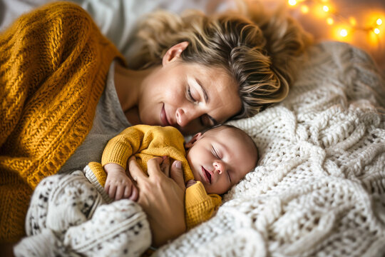 A serene image capturing a mother gently holding her sleeping baby, wrapped in cozy knitwear in a softly lit room.