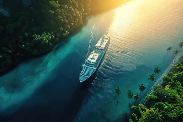 Tuinposter cruise ship in tropical paradise drone shot magical light © Straxer