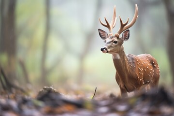 rain droplets on bushbuck in a foggy woodland