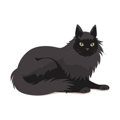 A black cat with green eyes is sitting looking forward in a vector illustration.