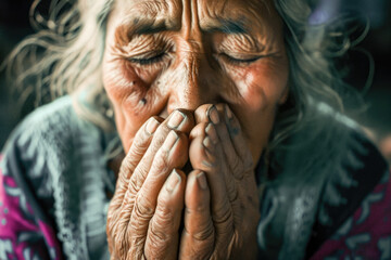 A close-up portrait of an elderly woman with eyes closed, hands clasped in prayer, and a face full of life's stories.
