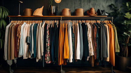 Clothes hang on a rack in a clothing store, Rack of clothes in a boutique, Ai generated image