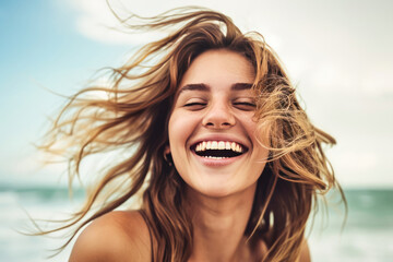 A joyful young woman smiling with her hair blowing in the wind at the beach, exuding happiness and freedom.