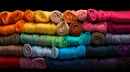 colorful spools of threads, Rolled up colorful t-shirts clothes Ai generated image - obrazy, fototapety, plakaty