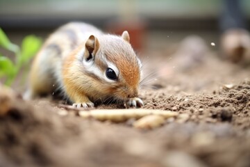 chipmunk pushing seeds into burrow with paws