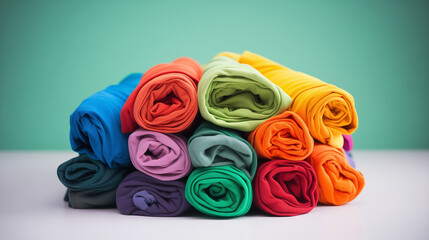 Close up of colorful clothes neatly rolled for saving luggage space, stack of cotton t-shirt rolls of different pastel colors on wooden texture table, Rolled up colorful t-shirts clothes Ai generated 