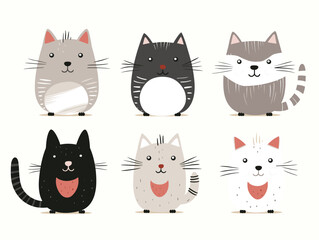 Six cute cartoon cats are displayed in different poses and patterns in a vector illustration.
