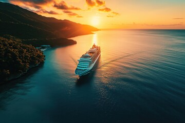 cruise ship in tropical paradise drone shot with sunset 