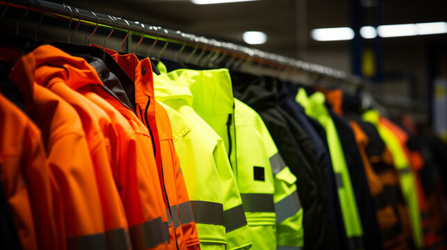 shirts on hangers, Selective blur on high visibility safety coats and jackets, personal protective equipments, for sale outside, fluorescent colors. These coats are made to be visible on workplace Ai